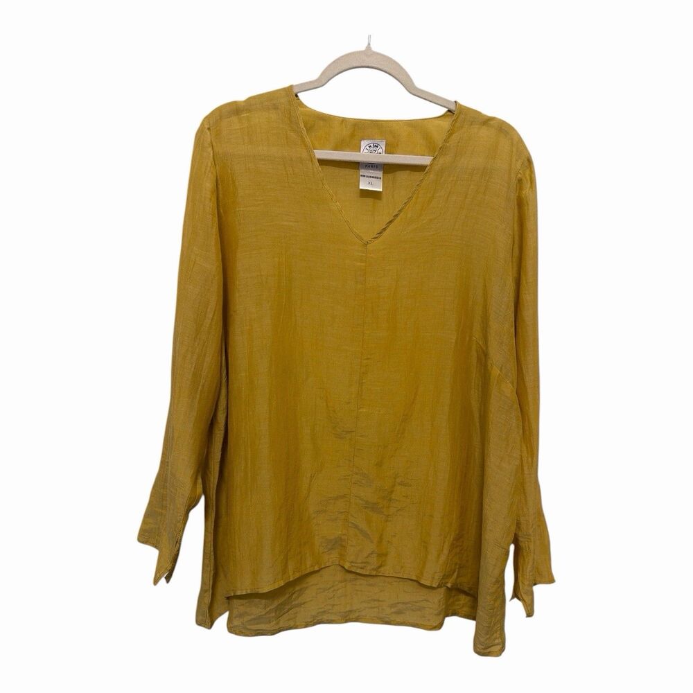Kim Bernardin Paris Mustard Yellow V-Neck Tunic Top Silk Blend Size XL